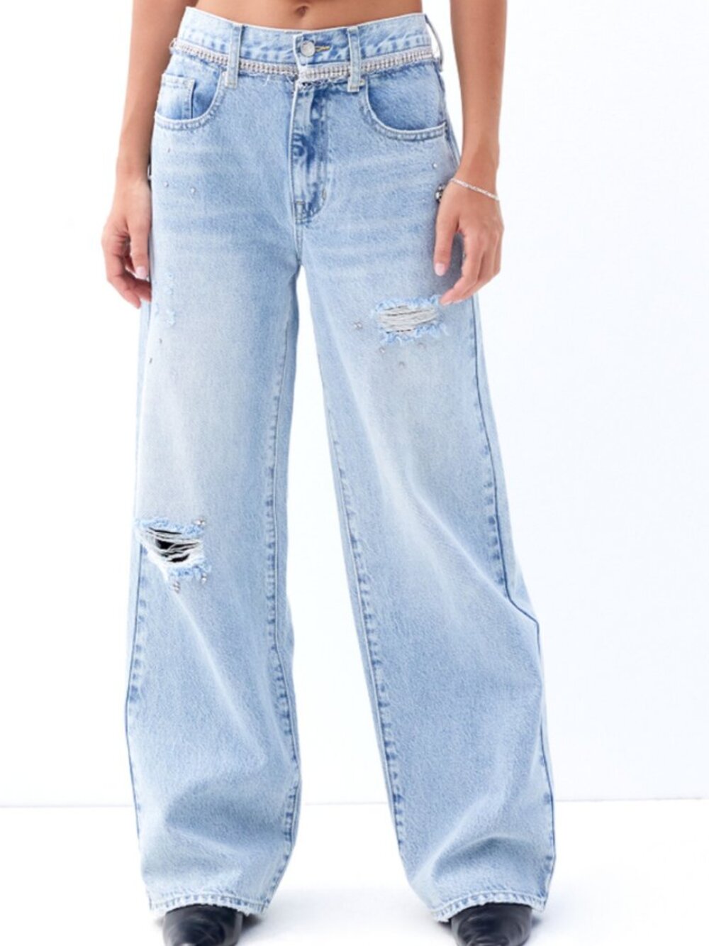 Pacsun Cali Light Indigo Rhinestone Ripped Baggy Denim Boyfriend Jeans